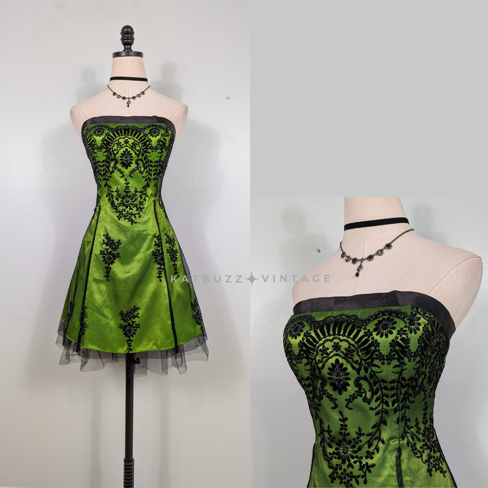 Vintage Nites Prom Dress Mini Gown 8 Green Black Corset Goth 90S Y2K Floral Hoco
